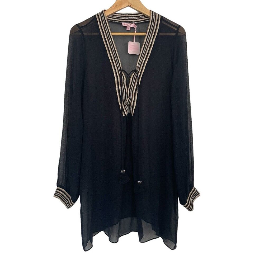 Calypso St. Barth Womens Small Tunic Blouse Inessa Top Navy Blue Silk Sheer New